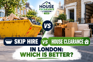 Skip hire vs house clearance in London, showing a skip filled with waste beside household furniture awaiting clearance outside a London home.