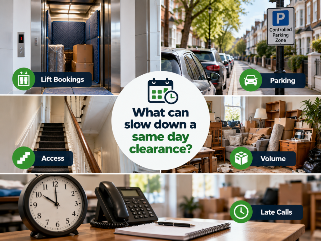 Infographic showing five factors that can slow down a same-day house clearance in London: lift bookings, parking restrictions, difficult access, large clearance volume and late calls.
