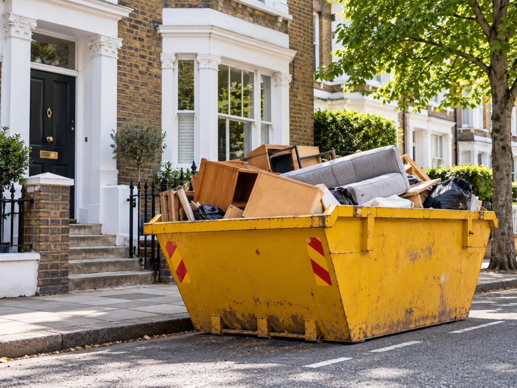 Yellow skip filled with furniture and rubbish outside a traditional London terraced house on a residential street.
