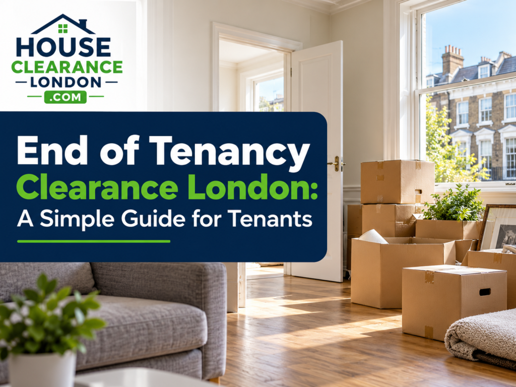 End of tenancy clearance London guide for tenants, showing a partially cleared home with moving boxes and the House Clearance London logo.