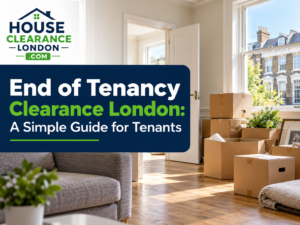 End of tenancy clearance London guide for tenants, showing a partially cleared home with moving boxes and the House Clearance London logo.