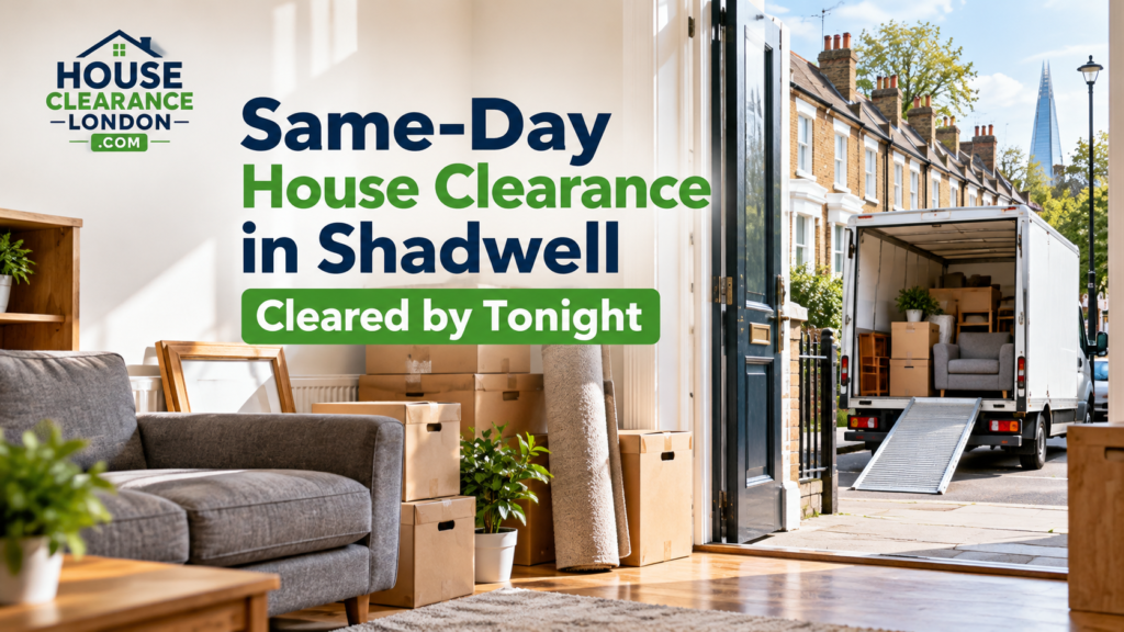 Same-day house clearance in Shadwell, London, with furniture and boxes ready for removal, featuring House Clearance London branding and the message “Cleared by Tonight.”