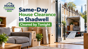 Same-day house clearance in Shadwell, London, with furniture and boxes ready for removal, featuring House Clearance London branding and the message “Cleared by Tonight.”