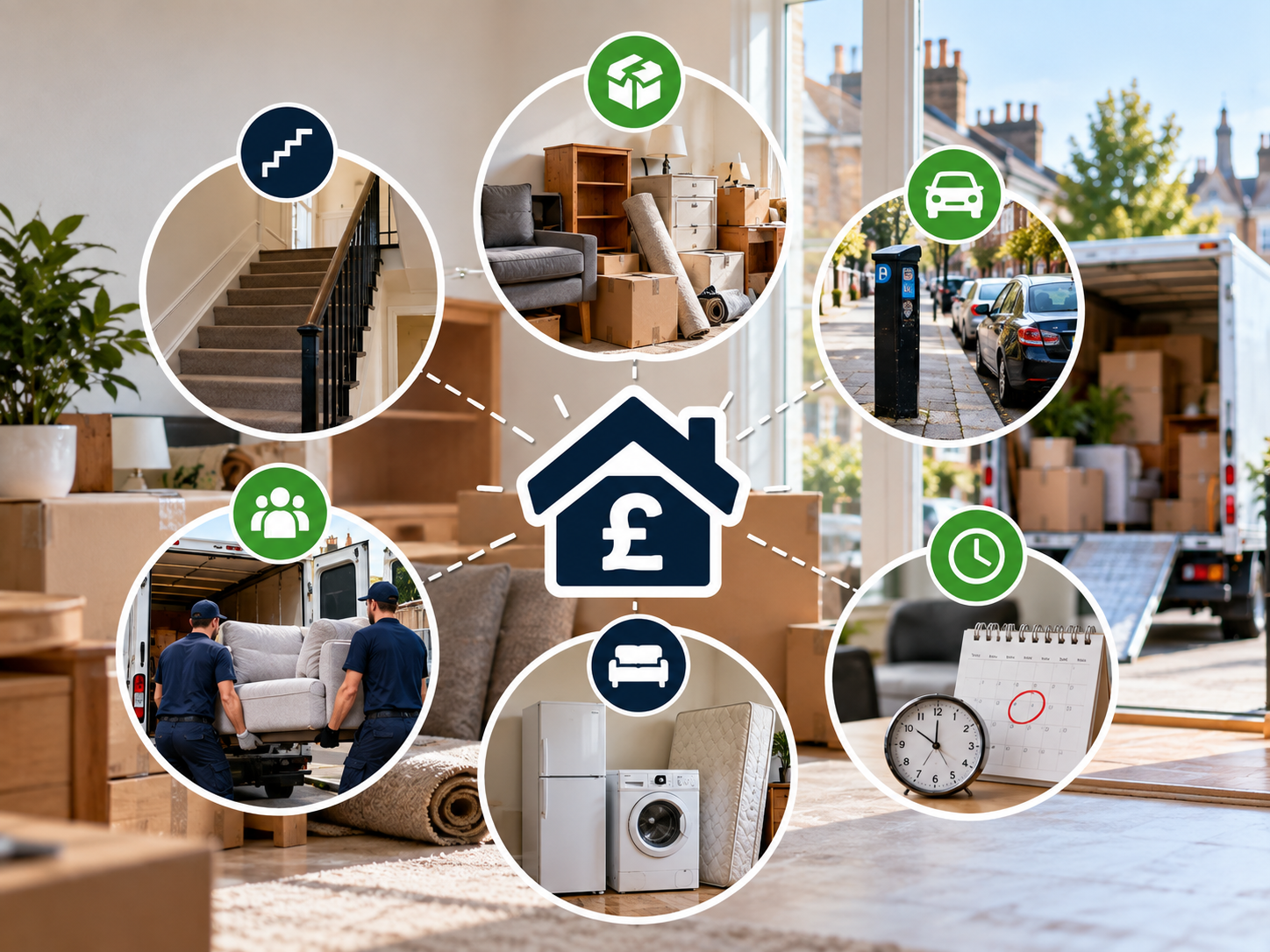 End of tenancy clearance cost guide showing key factors including property size, access, parking, labour, bulky items and booking time.
