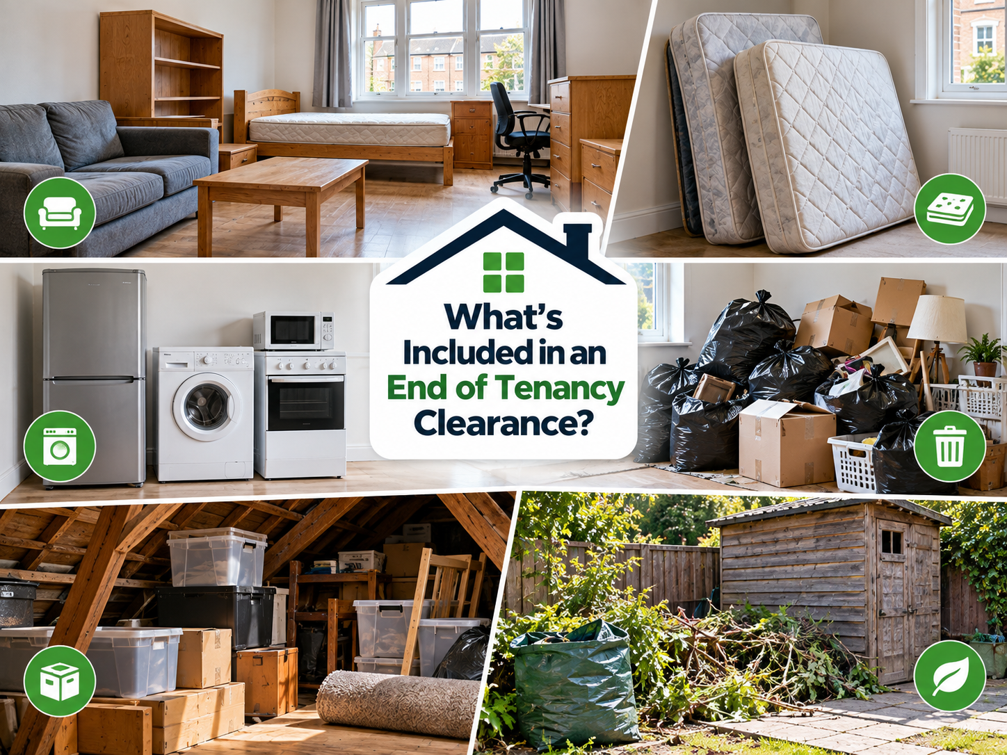 End of tenancy clearance showing furniture, mattresses, appliances, rubbish, loft items, shed contents and garden waste ready for removal.